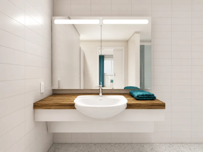 Accessible bathroom with a floating sink, open knee space, wood countertop, and illuminated mirror.