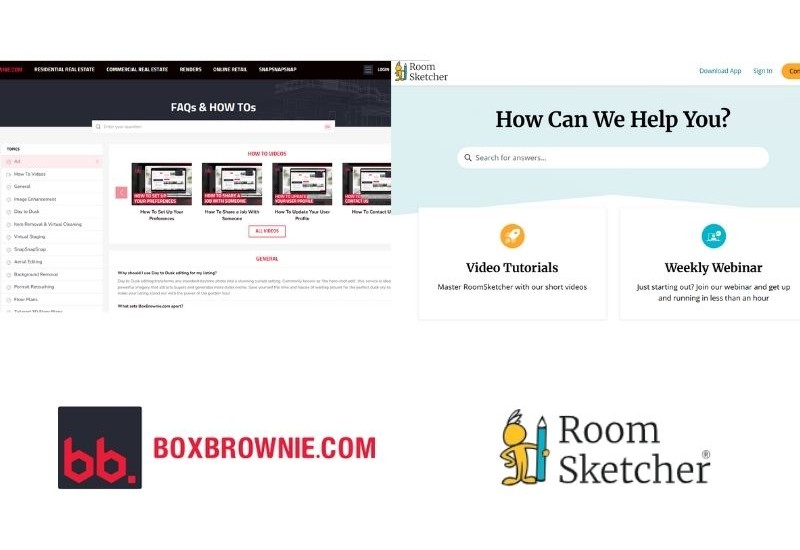 BoxBrownie.com vs RoomSketcher Help Center comparison. The left side of the image shows a screenshot of the BoxBrownie.com help center with FAQs and How-To videos. Below the screenshot is the BoxBrownie.com logo. The right side of the image has a screenshot of the RoomSketcher Help Center. Below the screenshot is the RoomSketcher logo.