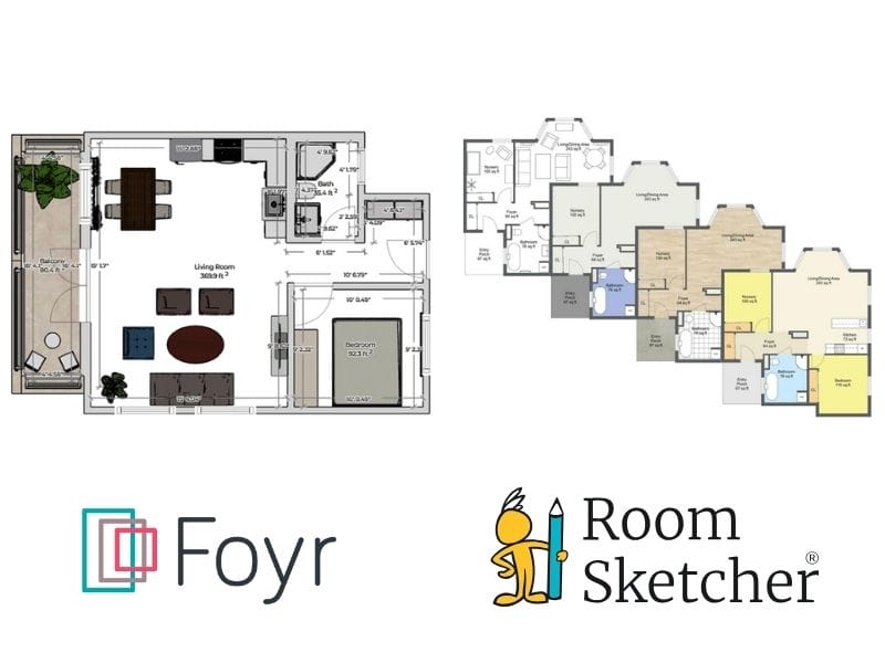 Foyr Neo vs RoomSketcher. On the left side of the image is a 2D floor plan made with Foyr Neo. The floor plan is of a 1 bedroom apartment in grey-scale with furniture. Below the floor plan is the Foyr Neo logo. On the right side of the image is the different versions of a 2D floor plan you can make with RoomSketcher. There is the black-and-white, standard, materials, and color-coded floor plans. Below the floor plan is the RoomSketcher logo.