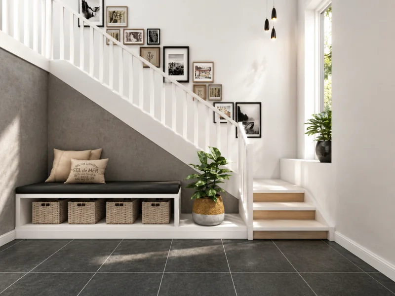 White staircase with a built-in bench, basket storage, gallery wall, and potted plants by a tall window.