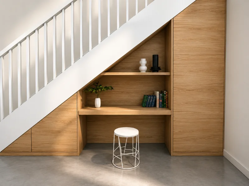Under-stair storage with wood cabinets, open shelves, a built-in desk, and a small white stool.
