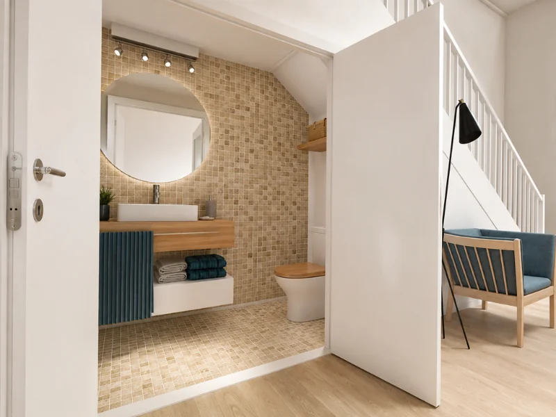 Compact bathroom under the stairs with mosaic tile, a floating vanity, round mirror, toilet, and open shelving.