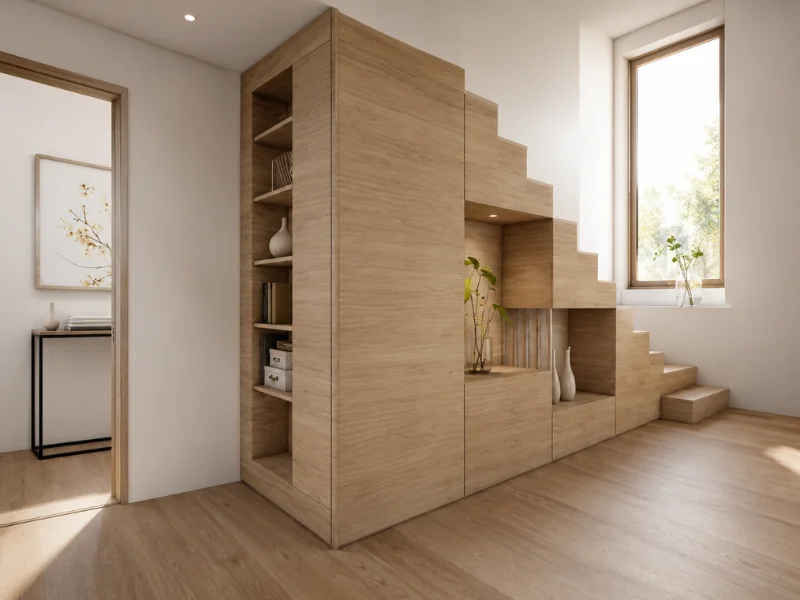 Modern staircase with integrated wood storage, open shelving, display niches, and a tall window.