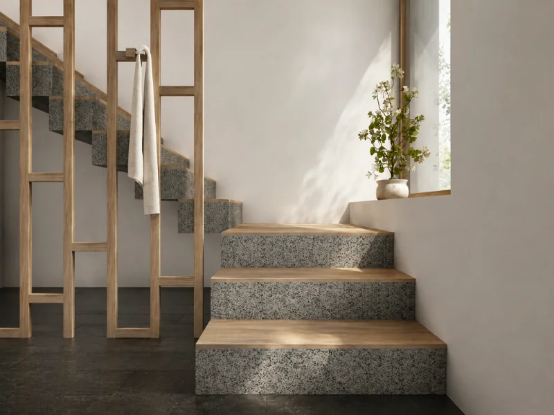 Terrazzo staircase with wood treads, open wood railing, and a plant on the window ledge.