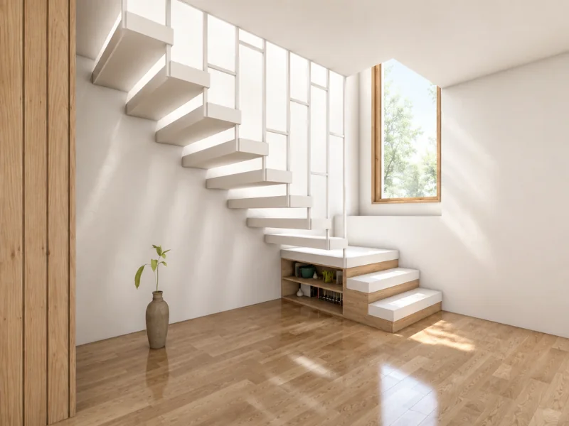 White floating staircase with open railings, built-in storage below, light wood flooring, and a tall window.