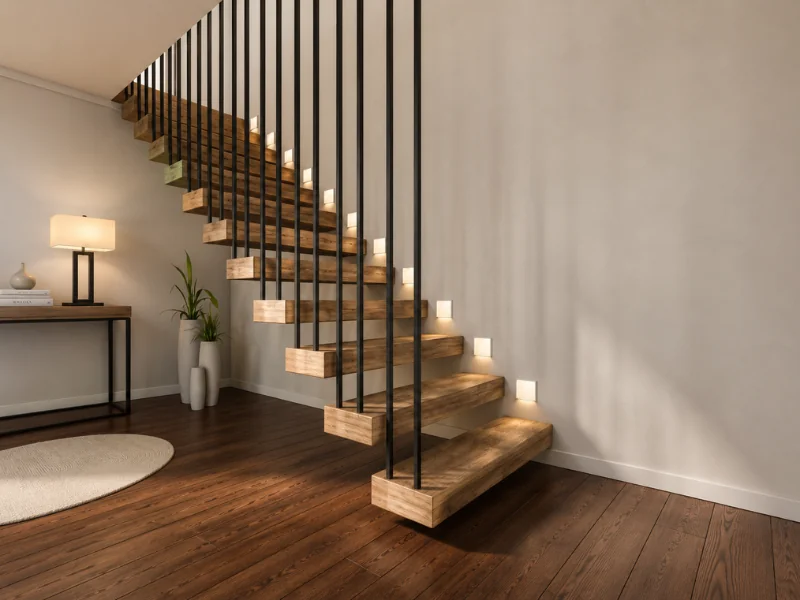Floating wood staircase with black vertical rails, step lighting, dark wood floors, and a console table.