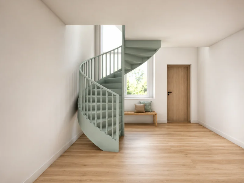 Pale green spiral staircase beside a tall window, with light wood flooring, a bench, and a wood door.