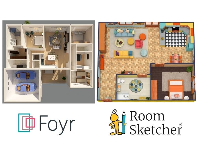 Foyr Neo vs RoomSketcher. 3D Floor Plans made with Foyr Neo and RoomSketcher. On the left side of the image is a 3D floor plan made with Foyr Neo. The floor plan is in beige and wooden finishes. Below the floor plan is the Foyr Neo logo. On the right side of the image is a 3D floor plan made with RoomSketcher. The floor plan is colorful and in a mid century style. Below the floor plan is the RoomSketcher logo.
