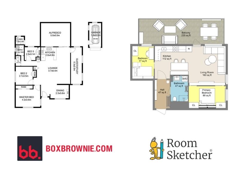 BoxBrownie vs RoomSketcher 2D floor plan measurement comparison. On the left side of the image is a 2D floor plan made with BoxBrownie that has interior measurements and is furnished with fixed furniture. The floor plan is in black-and-white. Below the floor plan is the BoxBrownie.com logo. On the right side of the image is a 2D floor plan made with RoomSketcher. The floor plan has interior measurements in each room or zone. The floor plan is colorful and fully furnished.