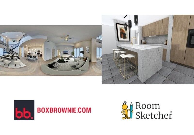 BoxBrownie.com vs RoomSketcher 3D visualization comparison. On the left side is a screenshot from BoxBrownie.com's 360 image virtual staging. The virtual staging is of a living room and kitchen/dining area. Below the virtual staging is the BoxBrownie.com logo. On the right side of the image is a Live 3D walkthrough image from RoomSketcher. The photo is of a kitchen made with RoomSketcher. The kitchen has an island with a marble waterfall counter and three seats. The cabinets are made of wood. Below the photo is the RoomSketcher logo.