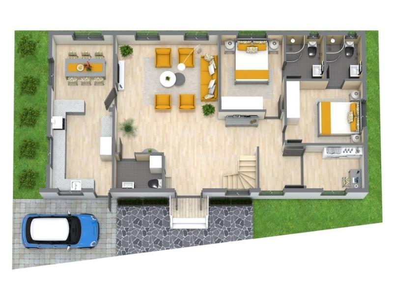 Top-down 3D floor plan of a single-level home with an open living and dining area, two bedrooms, two bathrooms, a U-shaped kitchen, and a staircase leading to the second floor. A carport with a blue car is shown outside the entrance, and the home is surrounded by green lawn.