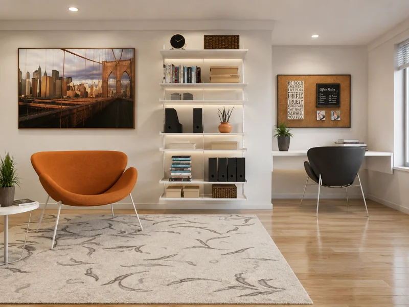 Bright home office with an orange lounge chair, wall-mounted shelves, a built-in desk, and Brooklyn Bridge artwork.