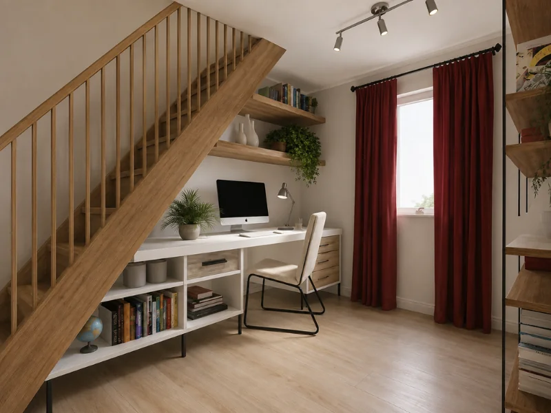 Home office beneath a wood staircase with a built-in desk, open shelving, computer, and deep red curtains.