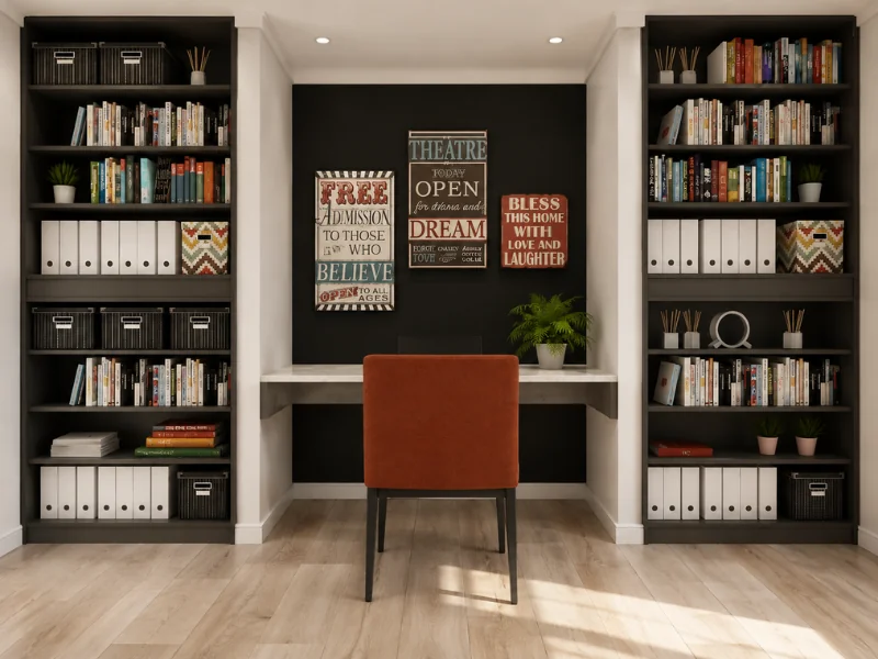 Home office with a central desk, orange chair, black accent wall, and matching built-in bookcases.