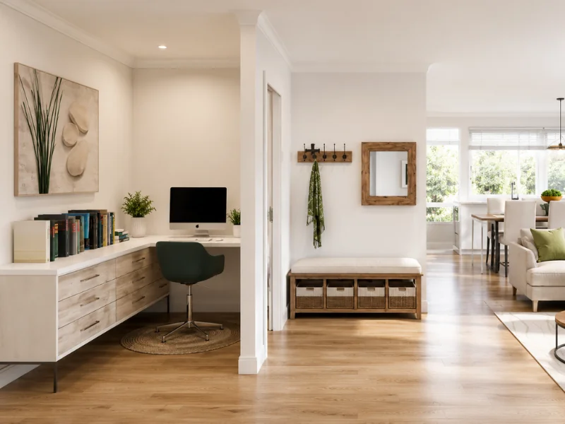 Open-plan home office beside an entryway, with a built-in desk, green chair, storage bench, and wood flooring.