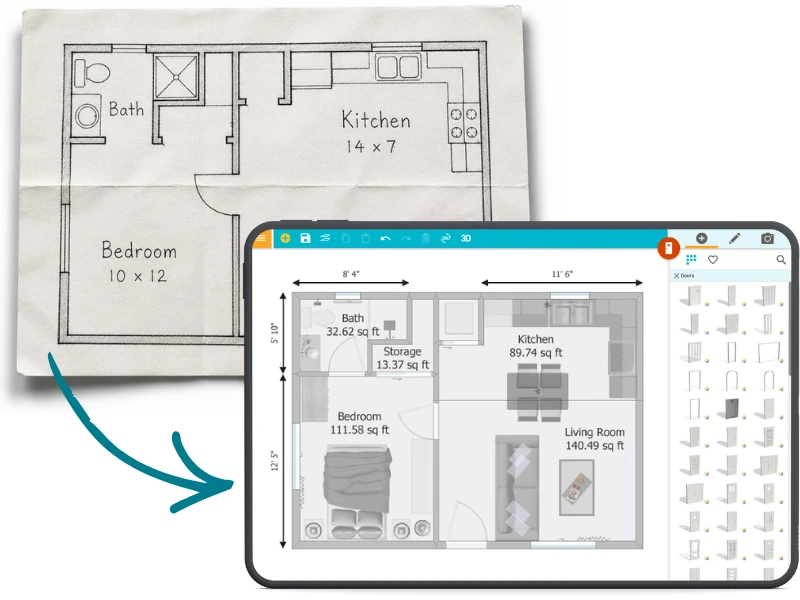 An old floor plan on paper being digitized into a fully editable roomsketcher project.