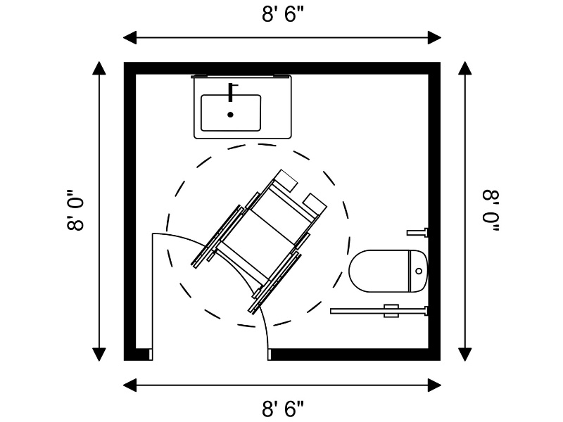 ADA bathroom floor plan measuring 8 feet by 8 feet 6 inches. The layout shows a sink on the top wall, a toilet with side grab bars on the right wall, and a wheelchair turning space in the center, with the door opening inward on the left.
