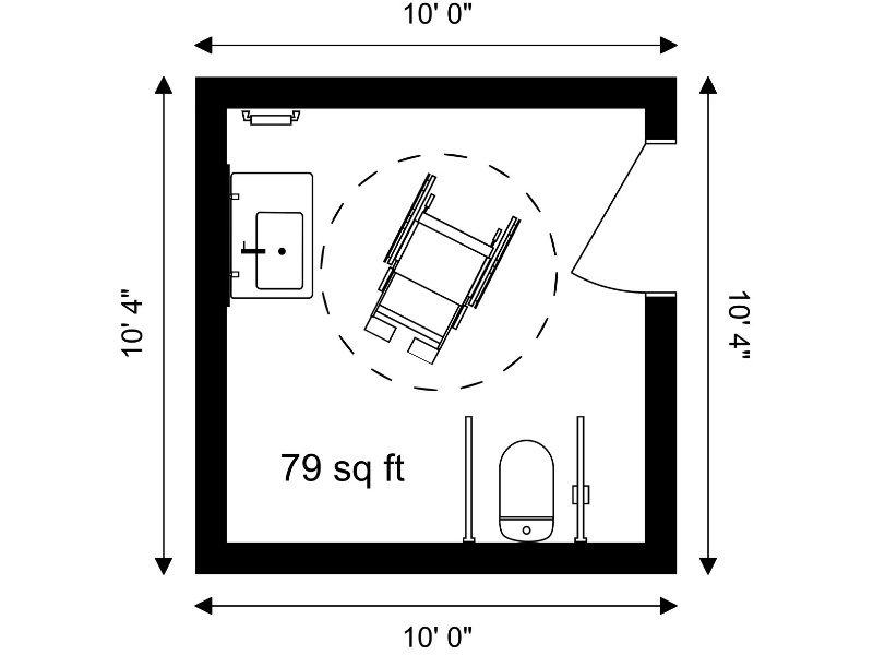 ADA bathroom floor plan measuring 10 feet by 10 feet 4 inches, with a total area of 79 square feet. The layout includes a sink on the left wall, a toilet with grab bars on the bottom wall, and a clear wheelchair turning space in the center. The entry door is on the right side of the room.