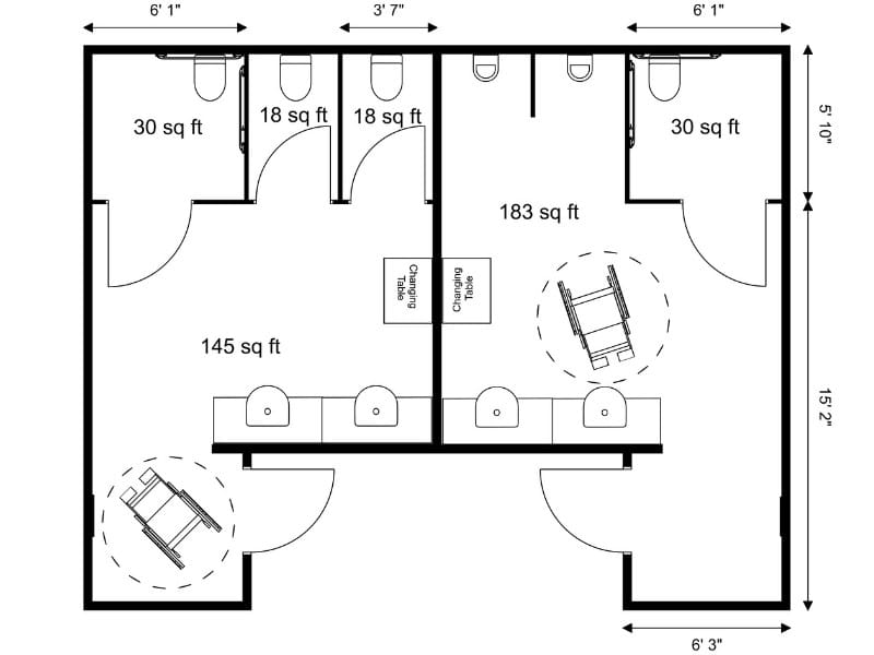 ADA-compliant multi-user bathroom floor plan showing two large restrooms, each with stalls, sinks, and clear wheelchair turning spaces.