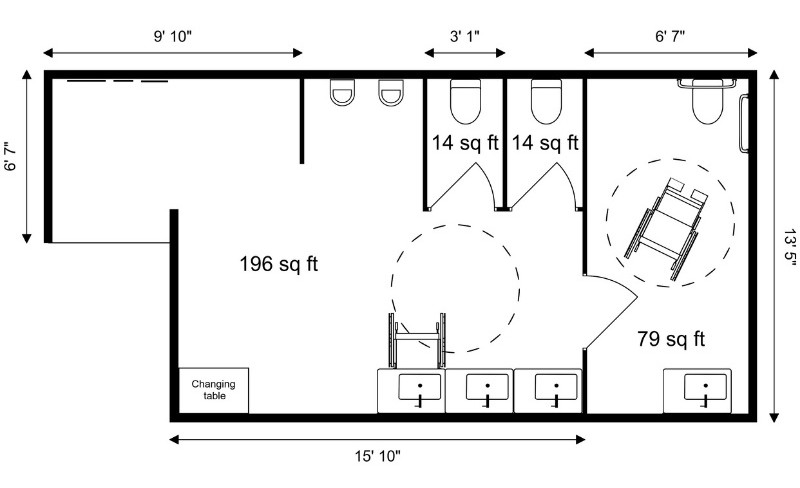 ADA-compliant men’s restroom floor plan measuring 15 feet 10 inches by 13 feet 5 inches. The layout features two 14 sq ft stalls, a larger 79 sq ft accessible stall with wheelchair turning space, urinals along one wall, and a 196 sq ft open area with multiple sinks and a changing table.