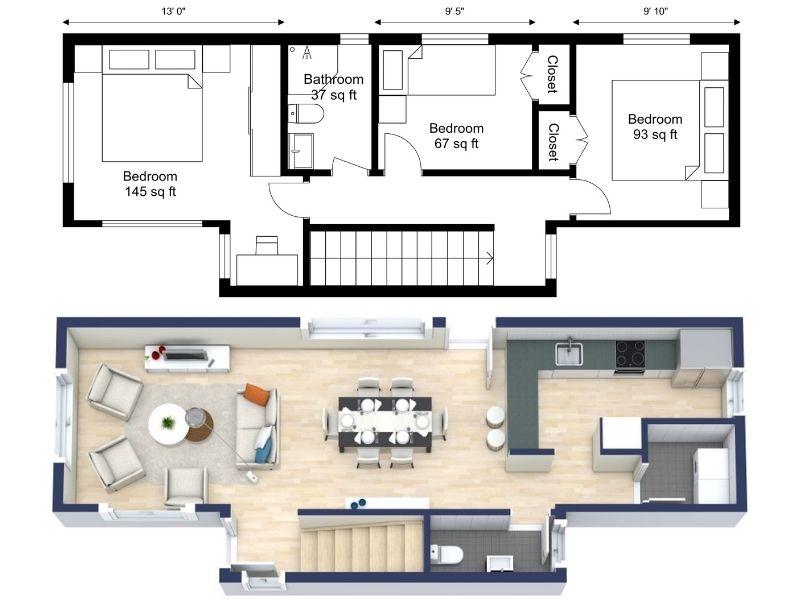 A two-story home layout showing a 2D floor plan of the upper level with three bedrooms and a bathroom, and a furnished 3D floor plan of the main level with an open living and dining area, a kitchen, and a small bathroom.