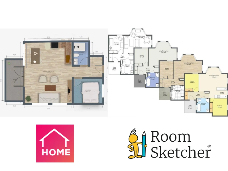 Home Planner vs RoomSketcher. On the left side of the image there is a 2D floor plan made with Home Planner. The floor plan has a open living/kitchen/dining area with access to a balcony. It has one bedroom and one bathroom. Below the floor plan is the Home Planner logo. On the right side of the image is four 2D floor plans made with RoomSketcher showcasing the different styles of 2D floor plans that you can make with RoomSketcher. One in black-and-white, one with standard colors, one with materials, and one color coded. Below the floor plans is the RoomSketcher logo.