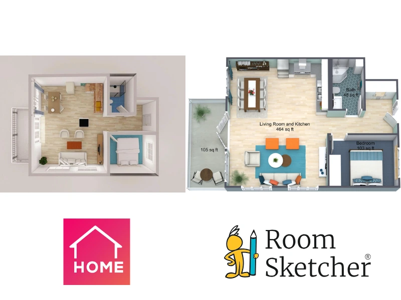 Home Planner vs RoomSketcher. On the left side of the image is a 3D floor plan made with Home Planner. The floor plan has a open living/kitchen/dining area with access to a balcony. It has one bedroom and one bathroom. Below the image is the Home Planner logo. On the right side of the image is a 3D floor plan made with RoomSketcher. The floor plan has a open living/kitchen/dining area with access to a balcony. It has one bedroom and one bathroom. Below the floor plan is the RoomSketcher logo.