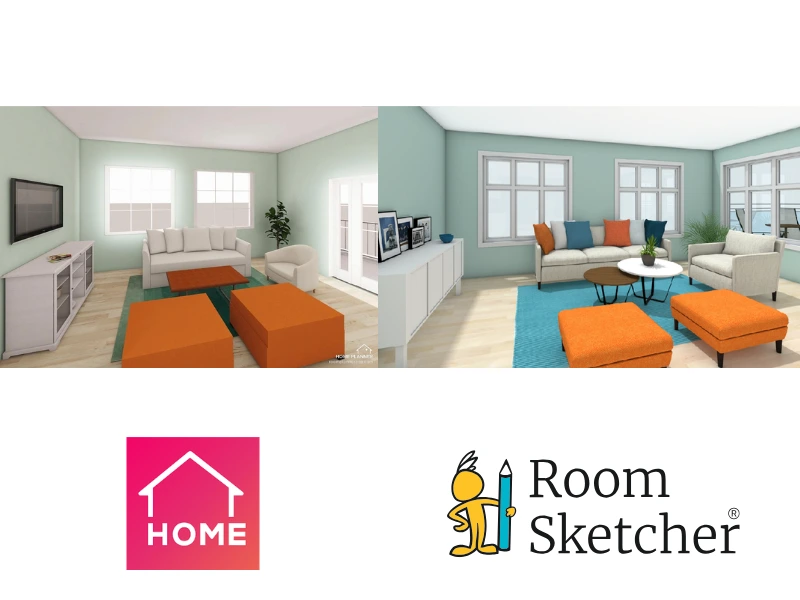 Home Planner vs RoomSketcher. On the left side of the image there is a 3D image made with Home Planner. It shows a living room with a chair, sofa, a rug, coffee table, two ottomans, a plant, a TV table, and a TV. Below the image is the Home Planner logo. On the right side of the image is a 3D Photo made with RoomSketcher. It shows a living room with a chair, sofa, a rug, coffee table, two ottomans, a plant, a TV table, and pictures. Below the photo is the RoomSketcher logo.