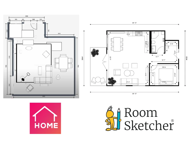 Home Planner vs RoomSketcher. On the left side of the image is a floor plan made with Home Planner. The floor plan is a 2D floor plan in black-and-white, showing wall measurements and furniture placements. Below the floor plan is the Home Planner logo. On the right side of the image is a 2D floor plan made with RoomSketcher. The floor plan is in black-and-white and it shows wall measurements inside and outside of the house. The floor plan is also fully furnished. Below the floor plan is the RoomSketcher logo.