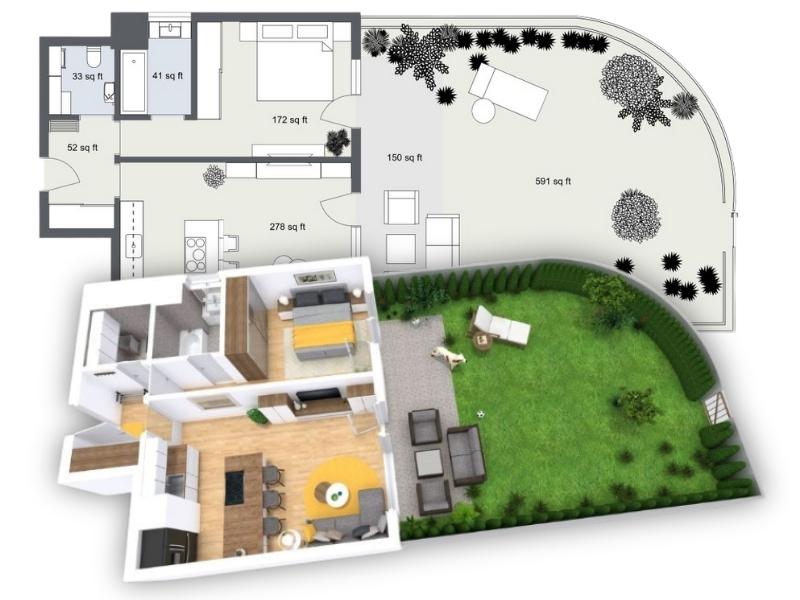 A combined 2D and 3D floor plan showing a modern one story home with an open living, dining, and kitchen area, two bedrooms, two bathrooms, and a large outdoor space with a patio and landscaped garden.