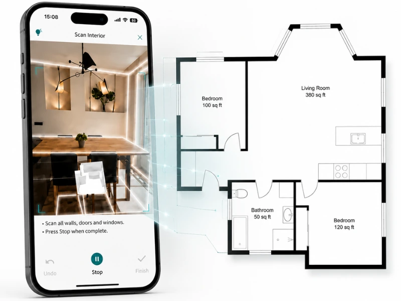 FloorCapture app interface scanning a modern dining room interior, with a clean architectural floor plan subtly emerging from the phone screen. Minimal glowing blueprint lines softly connect the captured space to the generated floor plan, illustrating how FloorCapture transforms a real room into a digital layout.