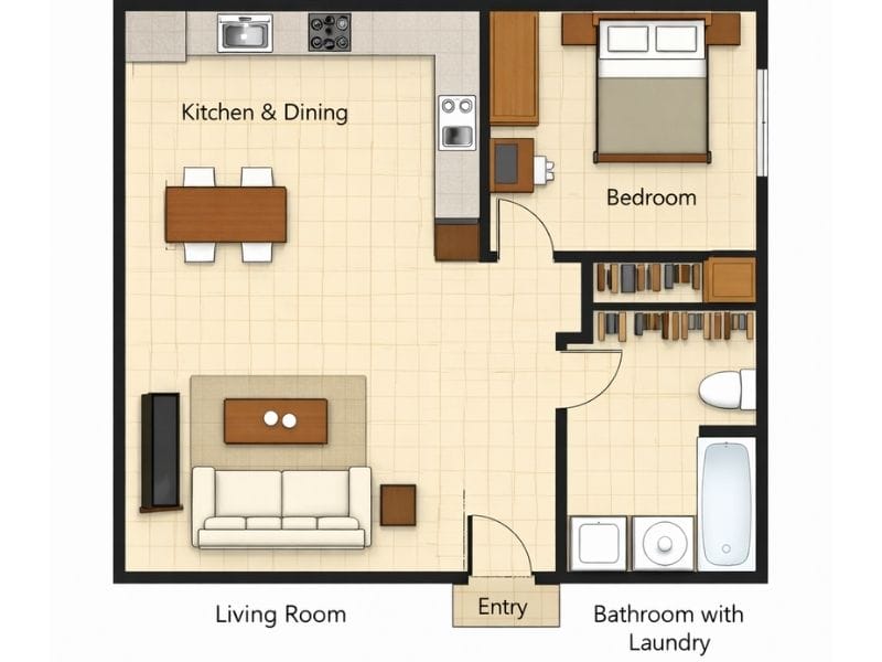 A floor plan generated by AI with wrong elements such as the couch not facing the tv, a closet in the bathroom, and a room without any doors.