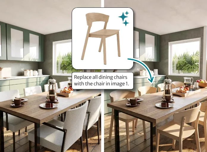 Side-by-side comparison of a modern dining area. The left image shows gray upholstered dining chairs around a wooden table; the right shows the same room with all chairs replaced by light wood chairs. An inset displays the replacement chair with an arrow and the text, “Replace all dining chairs with the chair in image 1.”