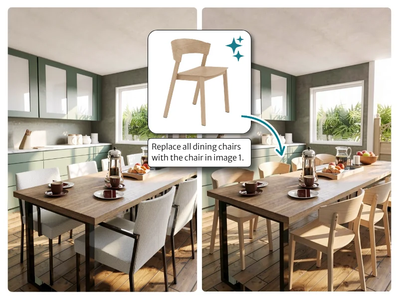 Side-by-side comparison of a modern dining area. The left image shows gray upholstered dining chairs around a wooden table; the right shows the same room with all chairs replaced by light wood chairs. An inset displays the replacement chair with an arrow and the text, “Replace all dining chairs with the chair in image 1.”