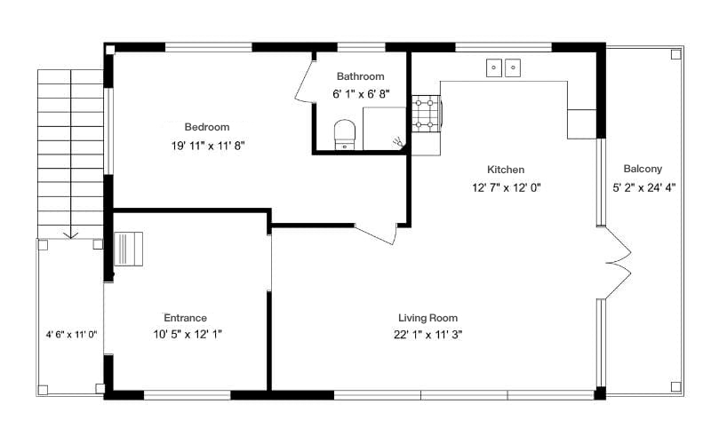 Black and white 2D floor plan showing detailed room dimensions for a one-bedroom apartment. The bedroom measures 19' 11" x 11' 8", the bathroom is 6' 1" x 6' 8", the kitchen is 12' 7" x 12' 0", and the main living room area is 22' 1" x 11' 3". An additional section of the living room measures 5' 2" x 24' 4". The entrance is 10' 5" x 12' 1", and the exterior landing area is 4' 6" x 11' 0".