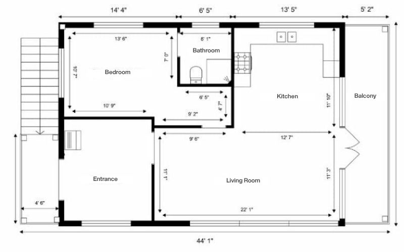 Black and white 2D floor plan with internal and external measurements. The plan includes a primary bedroom (13' 6" x 10' 9"), bathroom (6' 1" x 6' 5"), kitchen (13' 5" x 10' 11"), and a spacious living room (22' 1" x 12' 7"). The entrance measures 10' 5" x 12' 1". An outdoor balcony is 5' 2" deep. External measurements are shown along all walls, with the full width of the home at 44' 1" and depth at 17' 0" on the left side and 24' 4" on the right including the balcony extension.