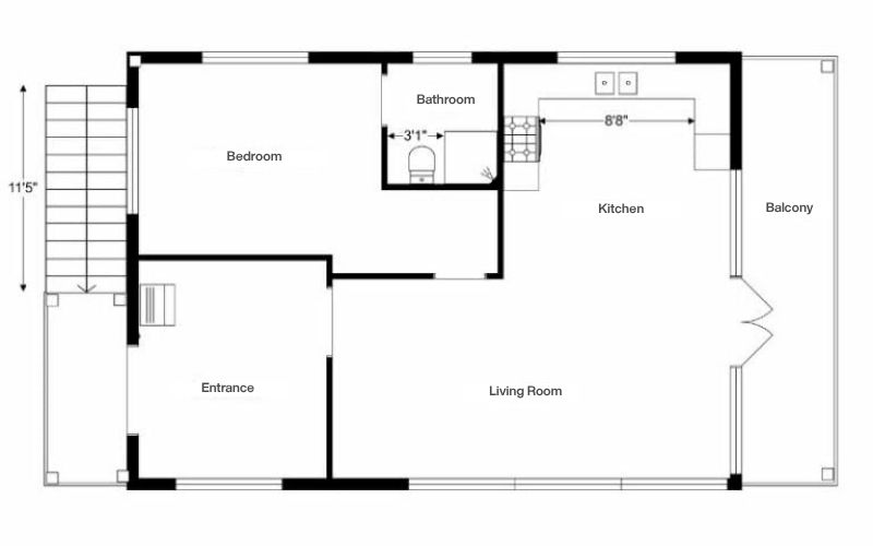 Black and white 2D floor plan highlighting specific distances between interior elements. The width of the toilet area in the bathroom is marked as 3'1", and the length of the kitchen counter is marked as 8'8". This plan is designed to show spatial relationships and key clearances between fixtures, ideal for renovation or furniture planning.