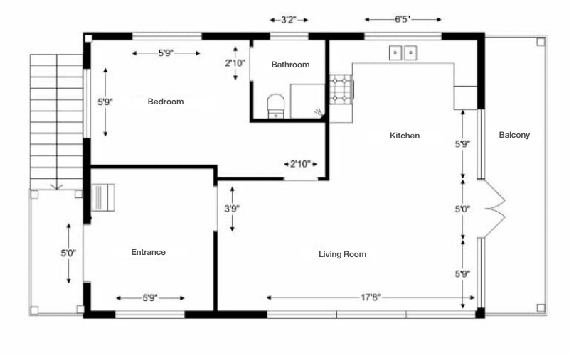 Black and white 2D floor plan showing detailed window and door measurements. Window widths are marked throughout the layout, such as 5'9" in the bedroom, living room, and kitchen. Door openings are also measured, including a 3'2" bathroom door, 2'10" bedroom and bathroom doors, and a 3'9" interior passage. The layout includes a bedroom, bathroom, entrance, kitchen, living room, and balcony.