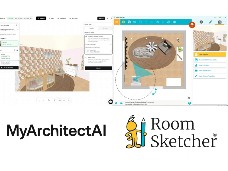 MyArchitectAI vs RoomSketcher. The image shows a comparison between the two software UI. On the left side of the image is a screenshot of the MyArchitectAI user interface. Below the screenshot is the MyArchitectAI logo. On the right side of the image there is a screenshot of the RoomSketcher user interface. Below the screenshot, there is the RoomSketcher logo.