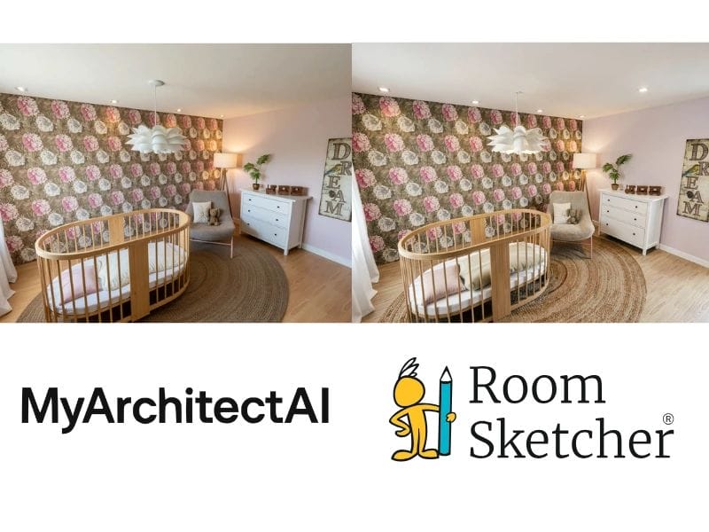 MyArchitectAI vs RoomSketcher. The image compares the two software AI rendered images. On the left side is an AI rendered image made with MyArchitectAI. It features a nursery with floral wallpaper and a wooden crib. Below the image is the MyArchitectAI logo. On the right side of the image is an AI Render made with RoomSketcher. It features a nursery with a floral wallpaper and a wooden crib. Below the image is the RoomSketcher logo.