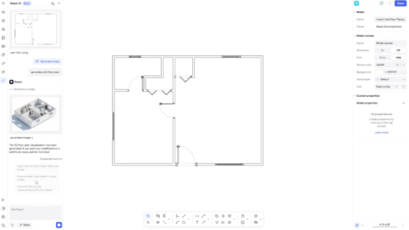 Floor plan being created in the rayon design interface.