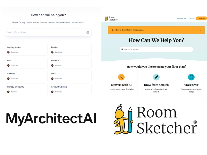 MyArchitectAI vs RoomSketcher. The image compares the two software customer support. On the left side of the image is a screenshot of the MyArchitectAI knowledge base. Below the screenshot is the MyArchitectAI logo. On the right side is a screenshot of the RoomSketcher help center. Below the screenshot is the RoomSketcher logo.