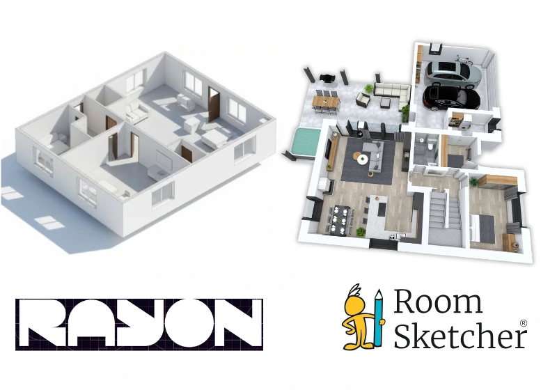 Basic ai-generated floor plan by Rayon next to a 3d floor plan model by RoomSketcher.