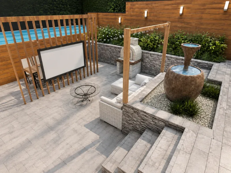Modern paved backyard entertainment area with a projection screen, built-in seating, water fountain, and wooden privacy fencing.