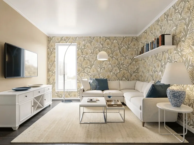 AI interior render of a white living room with a flowery wallpaper.