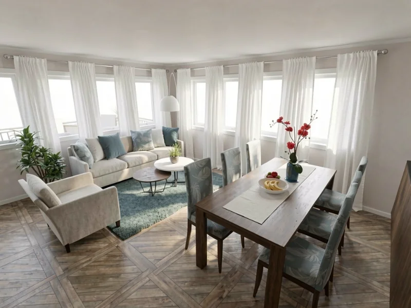 AI Render of a simple living room with white, airy curtains.
