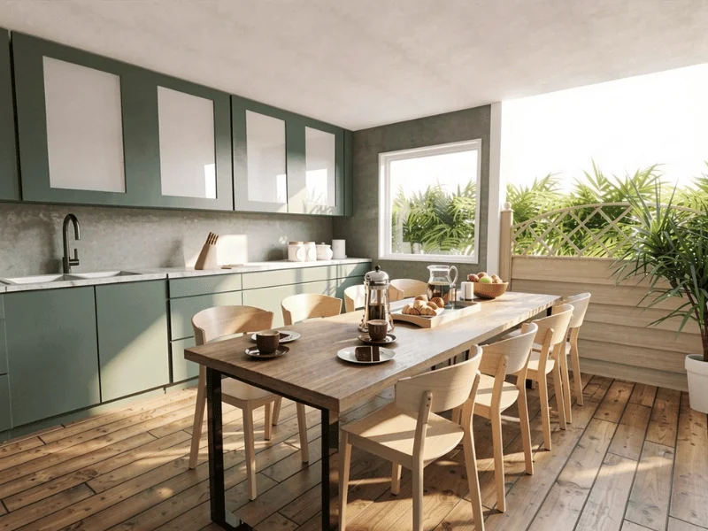 AI Render of a kitchen with green cabinets and natural wood finishes.