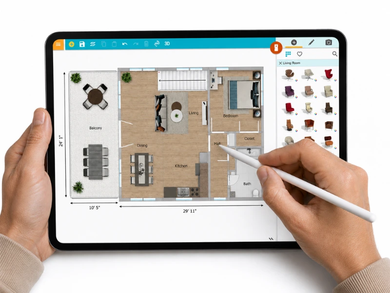 Close-up of the RoomSketcher app on an iPad, showing an interactive furnished floor plan with drag-and-drop furniture tools and stylus input for easy floor plan editing.