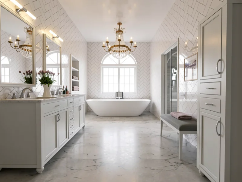 White monochromatic bathroom with a tub.