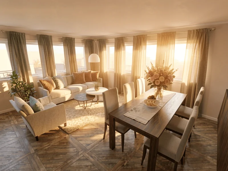 AI Render of a living room with bright, warm morning light.